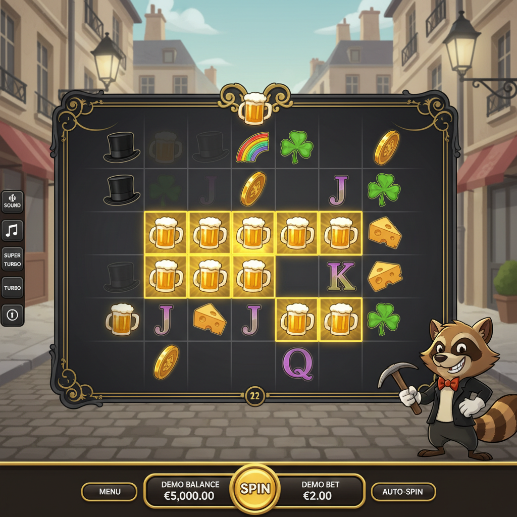 Le Bandit Super Cascade-mekanik med gyllene rutor markerade på spelplanen efter en vinstkombination