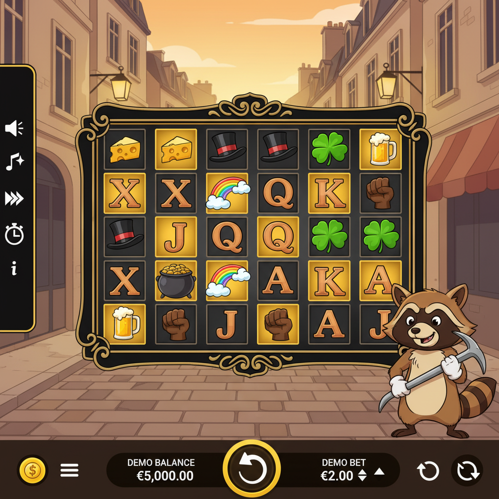 Le Bandit spelskärm med 6x5 rutnät, tvättbjörnskaraktär och fransk gatumiljö