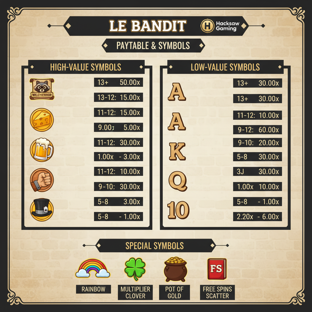 Le Bandit paytable — alla symboler och multiplikatorer