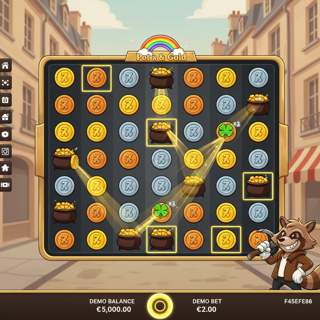 Le Bandit Pot of Gold-symbol som samlar myntvärden i en kedjereaktion med flera guldkrukor på spelplanen